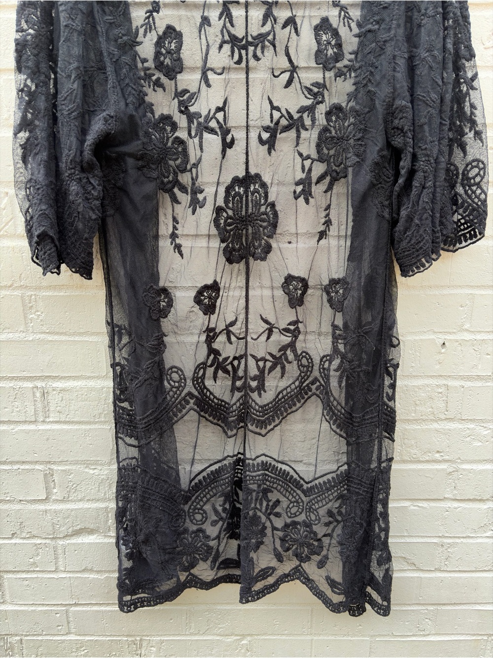 Black Sheer Boho Embroidered Woven Heart Kimono Cardigan - Picture 9 of 9